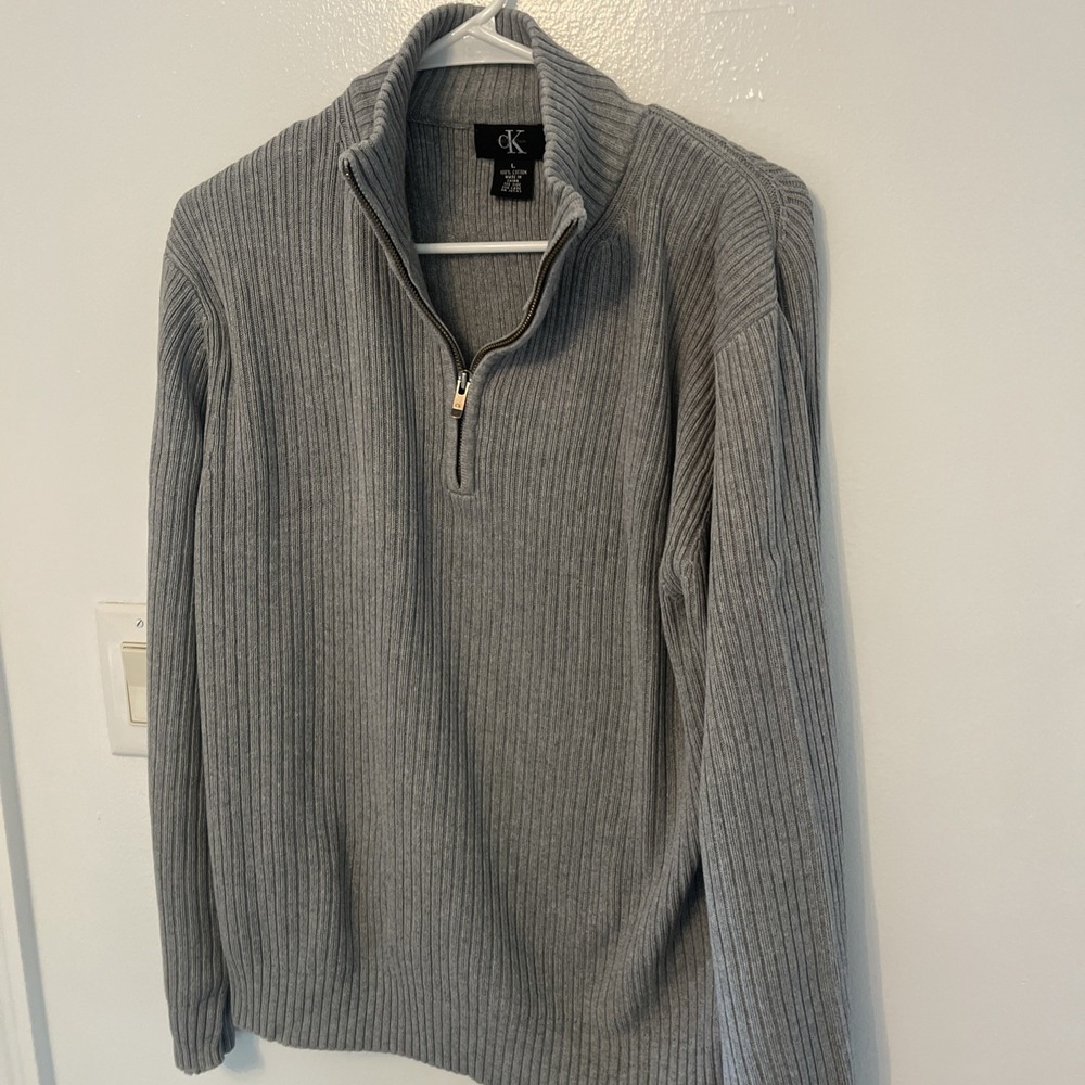 Calvin Klein Jeans Gray Cable Knit Ribbed 1/4 Zip Pullover Sweater Men L